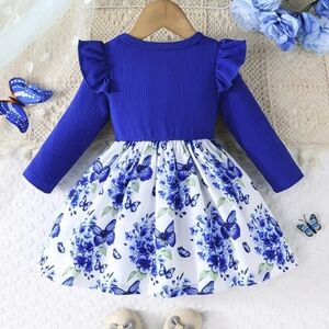 NWT infants Royal Blue and White Floral Dress w/Bow.
